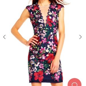 Aidan Mattox Floral Dress w/ Plunging Neck